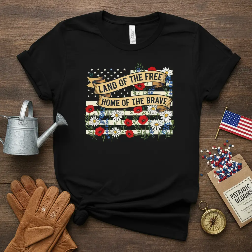 Land of the Free Home of the Brave text on American flag with poppies and daisies design