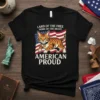 American flag background with a tabby cat and text "Land of the Free Home of the Brave American Proud" on