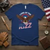 Land of the Rizz t-shirt with a bald eagle and American flag lettering, patriotic design