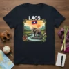 Laos Elephant T-Shirt featuring a detailed illustration of an elephant by a river under a sunset, with the Laos flag