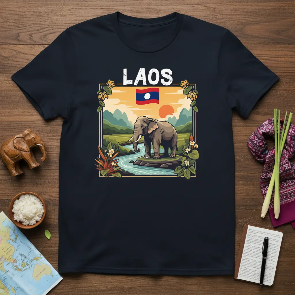 Laos Elephant T-Shirt design with elephant by river and Laos flag, evoking Southeast Asian travel and nature