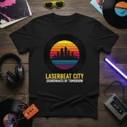LASERBEAT CITY SOUNDWAVES OF TOMORROW text on black t-shirt with retro sunset cityscape graphic