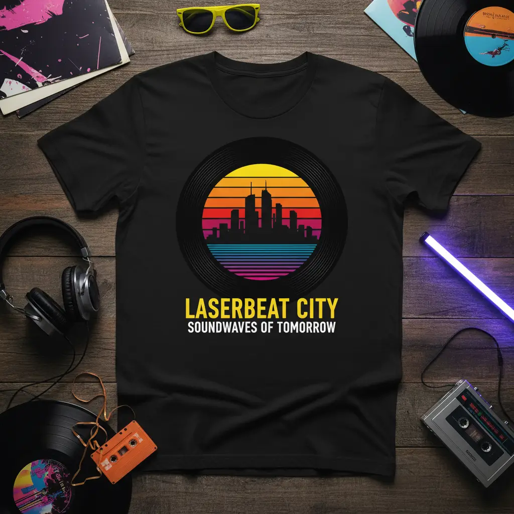 Laserbeat City Soundwaves of Tomorrow T-Shirt Retro 80s Gift