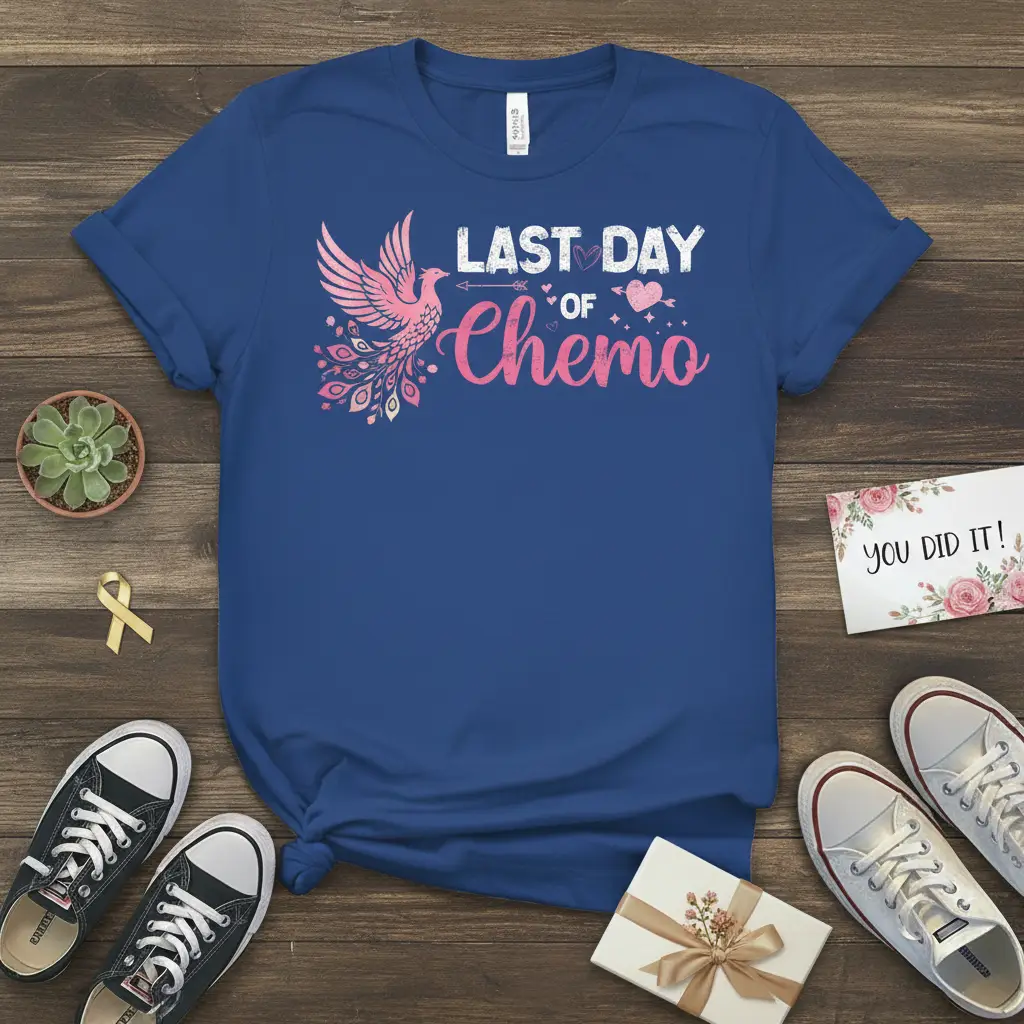 Last Day of Chemo text with pink phoenix graphic on a blue t-shirt