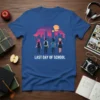 Last Day Of School t-shirt featuring silhouette of students walking towards a city skyline at sunset