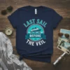 Last Sail Before The Veil cruise ship design with nautical theme and text in teal and white on a navy
