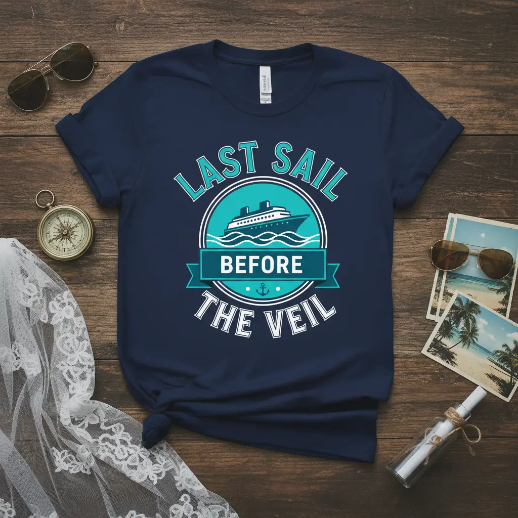 Last Sail Before The Veil nautical cruise ship design on navy t-shirt for bridal party celebrations