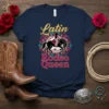 Latin Rodeo Queen t-shirt design featuring a cowgirl on a horse with colorful floral accents and bold text