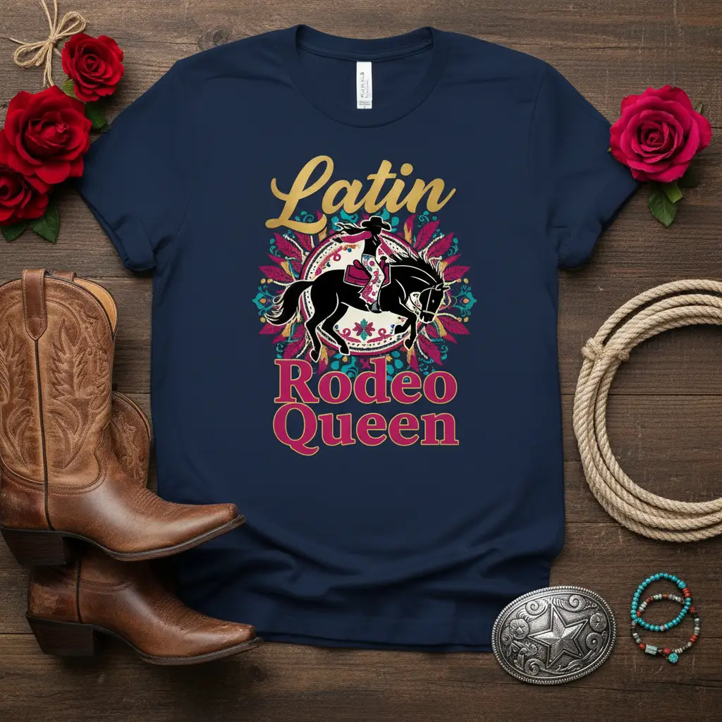 Latin Rodeo Queen text and cowgirl on horse graphic on a navy blue t-shirt