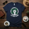 Navy blue t-shirt with "Latino Gang" text and a white fist emblem surrounded by green leaves