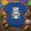 Latino Soul t-shirt with a colorful Day of the Dead sugar skull graphic and swirling patterns