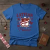 Latvian Princess text with a shield emblem and red butterflies on a blue t-shirt