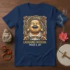 Laughing Buddha Peace & Joy text on a navy blue t-shirt with vibrant orange and gold mandala design around the