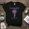 Black t-shirt with "Lavender Lavender" text above a purple lavender bouquet graphic