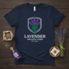Lavender Organic Farm Est. 2023 text with purple lavender sprigs graphic on a navy t-shirt