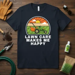 Lawn Care Makes Me Happy T-Shirt with a green lawn mower graphic and sunset