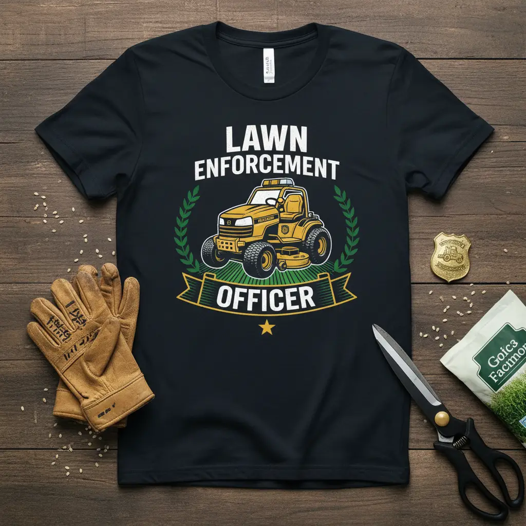 LAWN ENFORCEMENT OFFICER text with riding mower graphic on a black t-shirt design