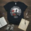Christian runner t-shirt with the verse "Lay A Side Every Iy Esily Enntnsee Slis HEB 12:1" and a silhouette of