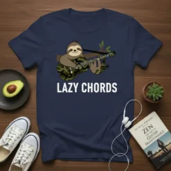 Lazy Chords t-shirt design with a sloth playing a camouflage guitar, white text below