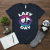 Lazy Day T-Shirt with a cute panda illustration and vibrant sunset background, perfect for panda lovers
