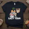 Lazy Team t-shirt design with a stack of cute animals: panda, koala, fox, and sloth