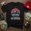 Black t-shirt with "Le Canada N'est Pas À Vendre" text and a circular design featuring Canadian landmarks and maple leaves