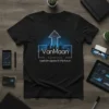 Black t-shirt with VanMaan logo, "MARKETING", and "Lead Gen Agency Of The Future" text, featuring an upward arrow over a