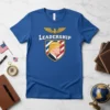 Blue t-shirt with "LEADERSHIP" text above a shield containing a profile of Donald Trump and an eagle graphic