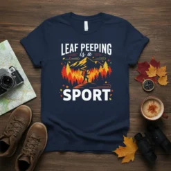LEAF PEEPING is a SPORT t-shirt with a hiker silhouette against a mountain and fall foliage background