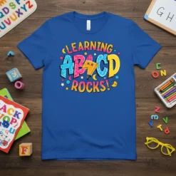 Learning ABC'D Rocks! text design with colorful alphabet letters, stars, moons, and a pencil graphic on a blue t-shirt