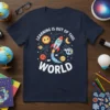 Learning Is Out Of This World t-shirt with a cartoon rocket, sun, moon, and planets design