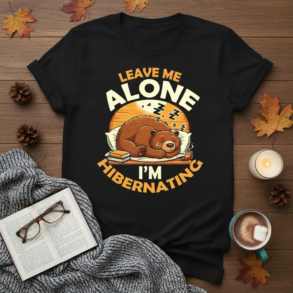 Leave Me Alone I'm Hibernating quote featuring a sleeping bear illustration on a comfortable t-shirt