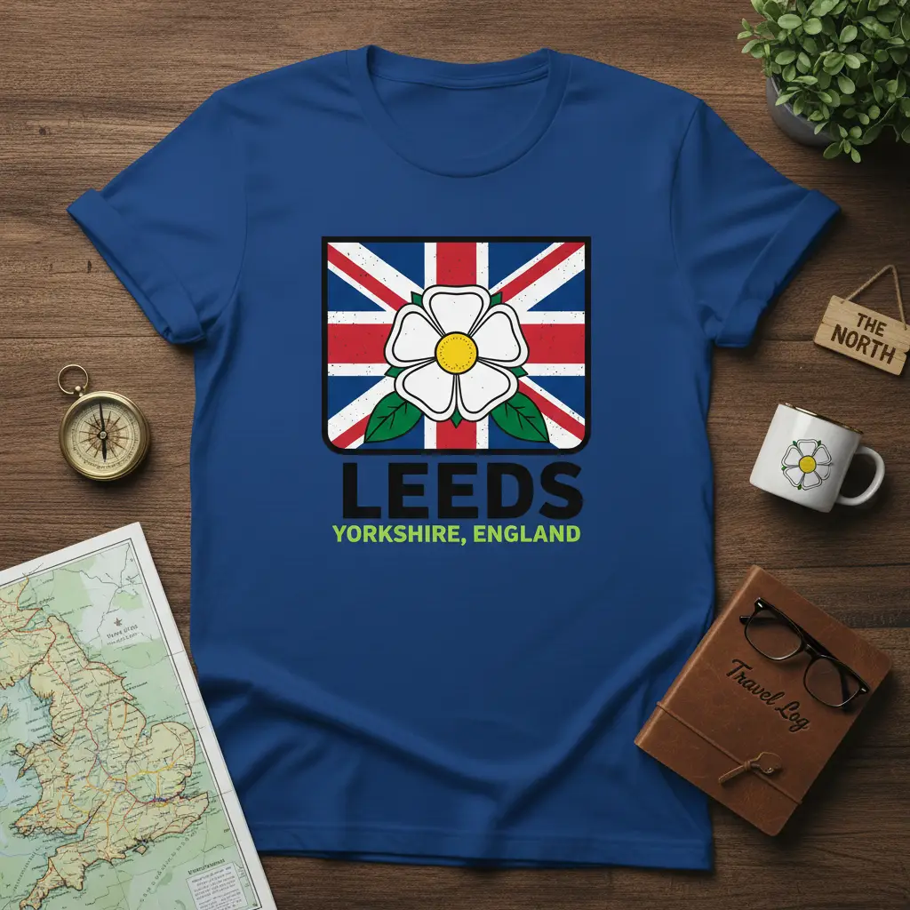 Leeds Yorkshire England text with Union Jack and white rose graphic on t-shirt
