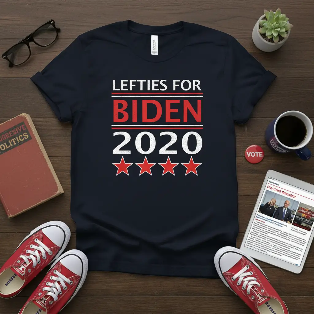 Lefties For Biden 2020 political slogan t-shirt with red stars graphic
