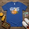 Legalize The Juice t-shirt design with a muscular arm holding an orange slice, cannabis leaf, and crown graphic