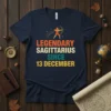Legendary Sagittarius Since 13 December quote with archer graphic on a navy blue t-shirt