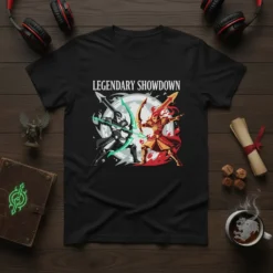 Legendary Showdown T-Shirt featuring two fantasy warriors in an epic archery battle, with moon and fire elements