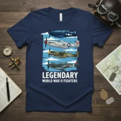 Legendary World War II Fighters t-shirt design featuring four iconic warplanes stacked vertically