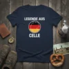 T-shirt design with "Legende aus Celle" text and a map of Germany featuring the German flag colors