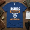 Legends Are Born In February text with a roaring lion graphic on a blue t-shirt, perfect for February birthdays