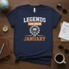 Legends Are Born in January quote on a navy blue t-shirt with a lion emblem, perfect for January birthdays
