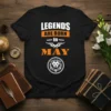 Legends Are Born In May text design with a lion graphic, featuring bold white and orange typography