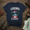 Legends Are Made In Canada T-Shirt with mountain and river graphic, featuring the Canadian flag