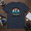 Leing Legend Since 1986 curling t-shirt design featuring two silhouetted figures playing curling with vintage sunset background