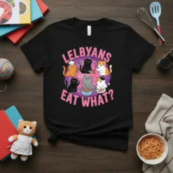 Lelbyans Eat What? text with cartoon cats cooking on a black t-shirt, LGBTQIA pride design