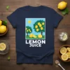 Lemon Juice graphic t-shirt design with lemon trees, sun, and fruit, printed on a navy blue tee