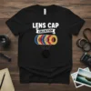 Black t-shirt with "Lens Cap Collection" text and colorful lens caps art, for photographers