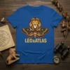 LEO & ATLAS text with a lion head merged with a moth graphic on a royal blue t-shirt