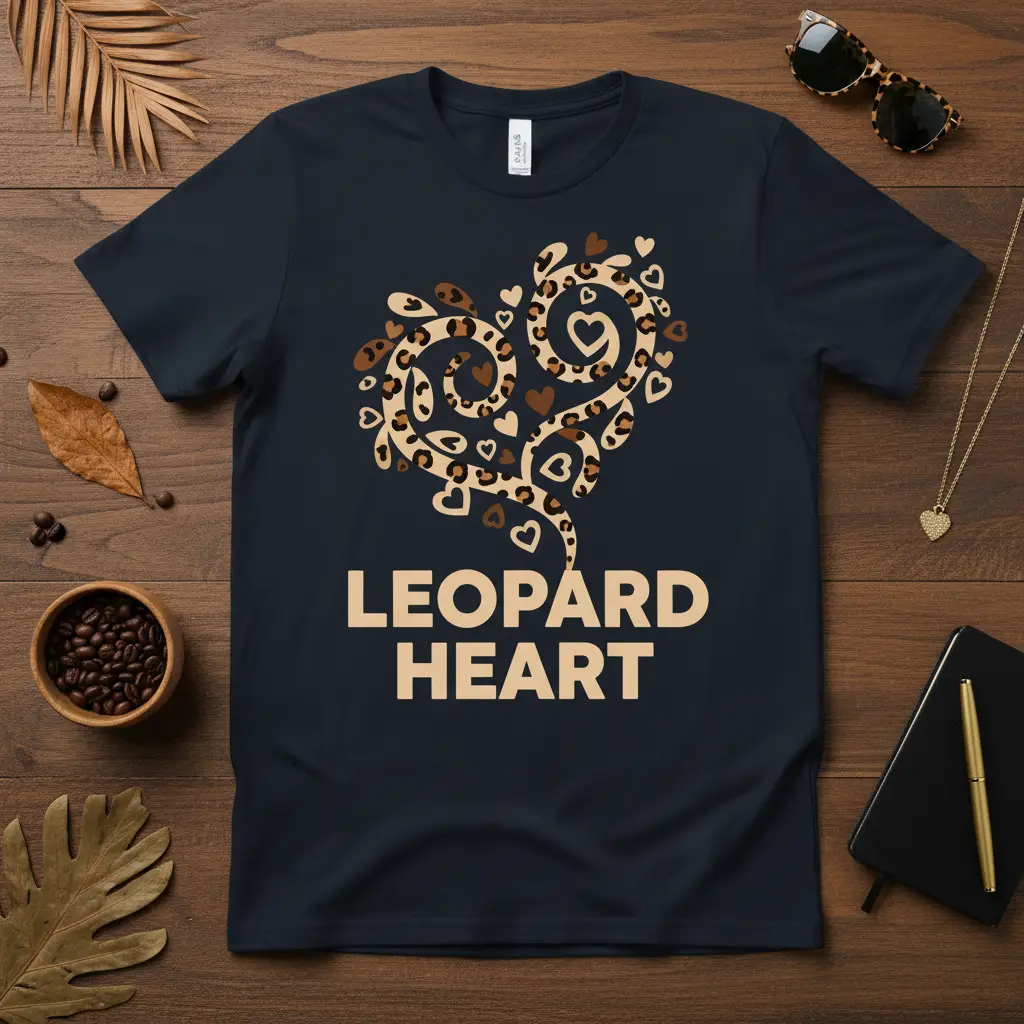 Leopard Heart text design with a swirling heart graphic filled with leopard print and small brown hearts