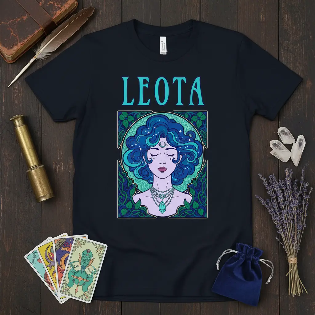 Leota mystical woman zodiac design with celestial elements and text 'LEOTA' above, featuring blue hair and green foliage